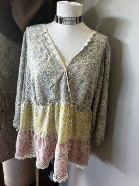 Boho Tiered Lace-Trim Peasant Blouse in Blue, Yellow & Pink